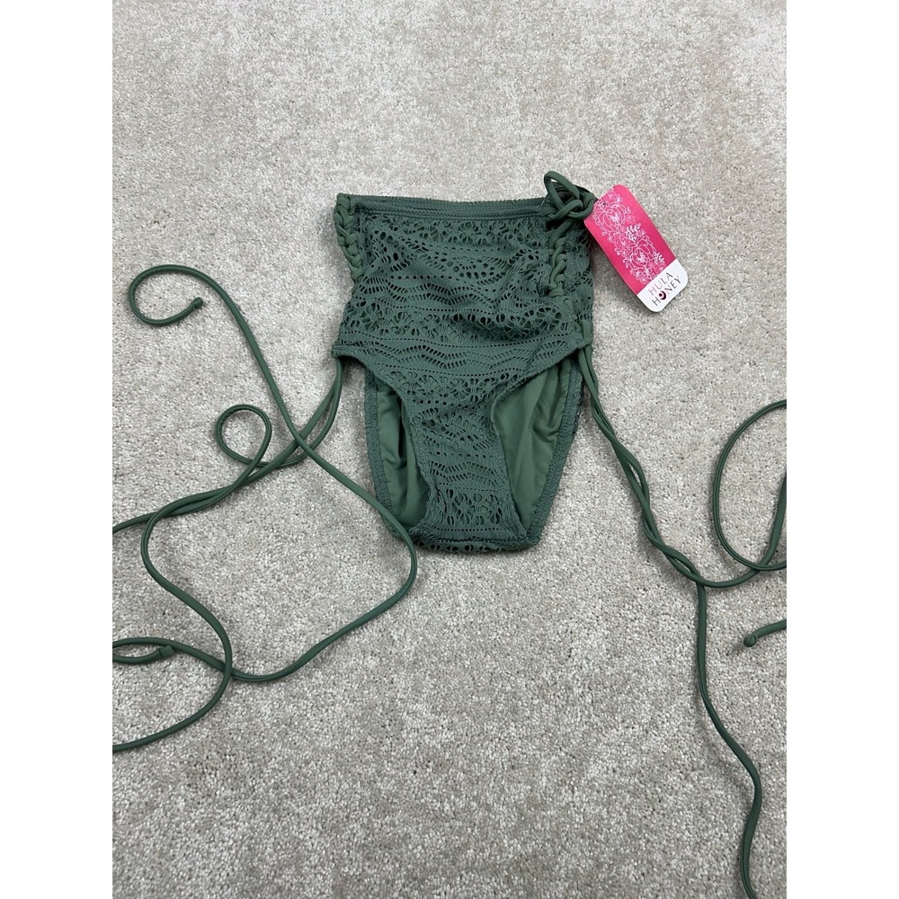 Hula Honey Women's‎ Olive Green XS Crochet High Waist Tie Side Swim Bottom